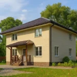 Проект дома «В-200» из СИП-панелей, 200 м² — двухэтажный дом с бежевым фасадом, темной крышей и крытым крыльцом | HotWell.KZ