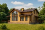Проект дома «В-206» из СИП-панелей, 206 м² — двухэтажный дом с жёлтым фасадом, коричневой крышей и террасой | HotWell.KZ