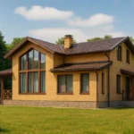 Проект дома «В-206» из СИП-панелей, 206 м² — двухэтажный дом с жёлтым фасадом, коричневой крышей и террасой | HotWell.KZ