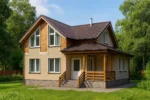 Проект дома «В-208» из СИП-панелей, 208 м² — двухэтажный дом с бежевым фасадом, коричневой крышей и крытым крыльцом | HotWell.KZ