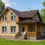 Проект дома «В-208» из СИП-панелей, 208 м² — двухэтажный дом с бежевым фасадом, коричневой крышей и крытым крыльцом | HotWell.KZ