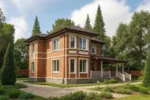 Проект дома «В-210» из СИП-панелей, 210 м² — двухэтажный дом с кирпичным фасадом, коричневой крышей и террасой | HotWell.KZ