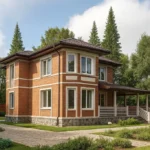 Проект дома «В-210» из СИП-панелей, 210 м² — двухэтажный дом с кирпичным фасадом, коричневой крышей и террасой | HotWell.KZ