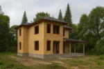 Дом «В-210», 210 м², 2 этажа, в черновой отделке: коробка из СИП-панелей OSB-3, вальмовая кровля из металлочерепицы, проёмы без окон и дверей, в проёмах видны сосновые балки перекрытия