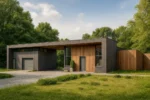 Проект дома «В-224» из СИП-панелей, 224 м² — одноэтажный дом с серым фасадом, плоской крышей и гаражом | HotWell.KZ