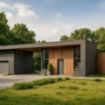 Проект дома «В-224» из СИП-панелей, 224 м² — одноэтажный дом с серым фасадом, плоской крышей и гаражом | HotWell.KZ