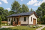 Проект дома «В-28» из СИП-панелей, 28 м² — одноэтажный дом с бежевым фасадом, черной крышей и гаражом | HotWell.KZ
