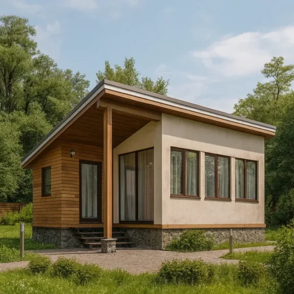 Проект дома «В-30» из СИП-панелей, 30 м² — одноэтажный дом с бежевым фасадом, деревянной отделкой и панорамными окнами | HotWell.KZ