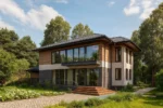 Проект дома «В-300» из СИП-панелей, 300 м² — двухэтажный дом с панорамными окнами, черной крышей и балконом | HotWell.KZ