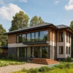 Проект дома «В-300» из СИП-панелей, 300 м² — двухэтажный дом с панорамными окнами, черной крышей и балконом | HotWell.KZ
