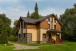 Проект дома «В-312» из СИП-панелей, 312 м² — двухэтажный дом с бежевым фасадом, коричневой крышей и крыльцом | HotWell.KZ
