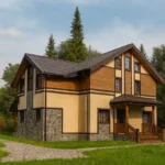 Проект дома «В-312» из СИП-панелей, 312 м² — двухэтажный дом с бежевым фасадом, коричневой крышей и крыльцом | HotWell.KZ