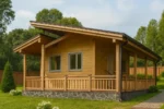 Проект дома «В-34» из СИП-панелей, 34 м² — одноэтажный дом с деревянным фасадом, двускатной крышей и террасой | HotWell.KZ