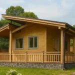 Проект дома «В-34» из СИП-панелей, 34 м² — одноэтажный дом с деревянным фасадом, двускатной крышей и террасой | HotWell.KZ