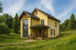 Проект дома «В-372» из СИП-панелей, 372 м² — двухэтажный дом с жёлтым фасадом, серой крышей и крыльцом | HotWell.KZ