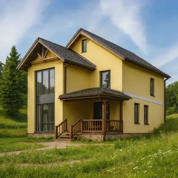 Проект дома «В-372» из СИП-панелей, 372 м² — двухэтажный дом с жёлтым фасадом, серой крышей и крыльцом | HotWell.KZ