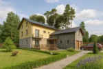Проект дома «В-530» из СИП-панелей, 530 м² — двухэтажный дом с жёлтым фасадом, серой крышей и балконом | HotWell.KZ