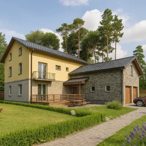 Проект дома «В-530» из СИП-панелей, 530 м² — двухэтажный дом с жёлтым фасадом, серой крышей и балконом | HotWell.KZ