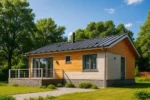 Проект дома «В-70» из СИП-панелей, 70 м² — одноэтажный дом с деревянным фасадом, черной крышей и террасой | HotWell.KZ