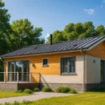 Проект дома «В-70» из СИП-панелей, 70 м² — одноэтажный дом с деревянным фасадом, черной крышей и террасой | HotWell.KZ