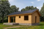 Дом «В-70», 70 м², 1 этаж, в черновой отделке: коробка из СИП-панелей OSB-3, двускатная кровля из металлочерепицы, проёмы без окон и дверей