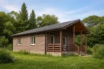 Проект дома «В-71» из СИП-панелей, 71 м² — одноэтажный дом с коричневым фасадом, серой крышей и крытым крыльцом | HotWell.KZ