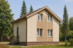 Проект дома «В-72» из СИП-панелей, 72 м² — двухэтажный дом с бежевым фасадом, коричневой крышей и крыльцом | HotWell.KZ