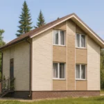 Проект дома «В-72» из СИП-панелей, 72 м² — двухэтажный дом с бежевым фасадом, коричневой крышей и крыльцом | HotWell.KZ