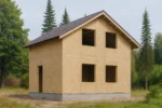 Дом «В-72», 72 м², 1.5 этажа, в черновой отделке: коробка из СИП-панелей OSB-3, двускатная кровля из металлочерепицы, проёмы без окон и дверей, в проёмах видны сосновые балки перекрытия