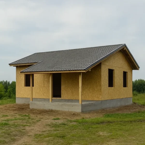 Дом «В-75», 93 м², 1 этаж, в черновой отделке: коробка из СИП-панелей OSB-3, двускатная кровля из металлочерепицы, проёмы без окон и дверей