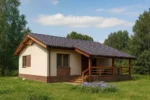 Проект дома «В-75Б» из СИП-панелей, 75 м² — одноэтажный дом с бежевым фасадом, коричневой крышей и террасой | HotWell.KZ