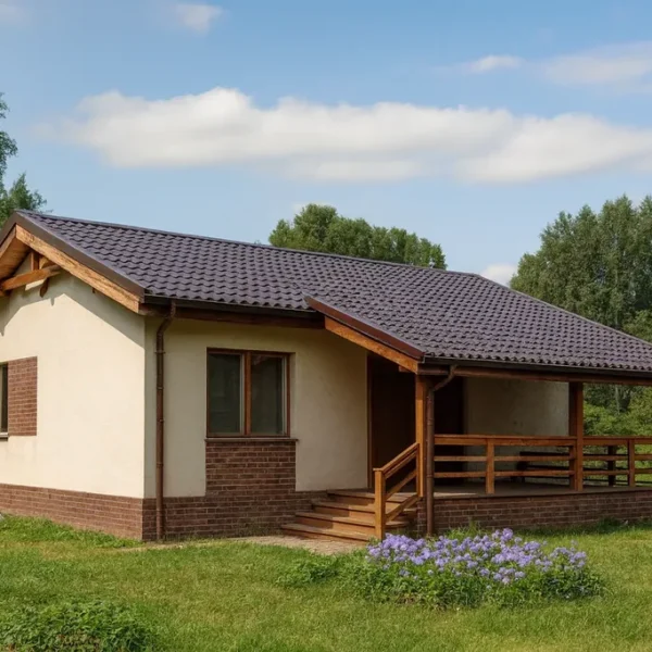 Проект дома «В-75Б» из СИП-панелей, 75 м² — одноэтажный дом с бежевым фасадом, коричневой крышей и террасой | HotWell.KZ