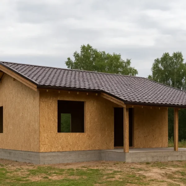 Дом «В-75Б», 75 м², 1 этаж, в черновой отделке: коробка из СИП-панелей OSB-3, двускатная кровля из металлочерепицы, проёмы без окон и дверей