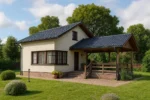 Проект дома «В-75В» из СИП-панелей, 75 м² — двухэтажный дом с бежевым фасадом, синей крышей и крытой террасой | HotWell.KZ