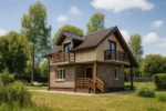 Проект дома «В-78» из СИП-панелей, 78 м² — двухэтажный дом с коричневым фасадом, черной крышей и балконом | HotWell.KZ