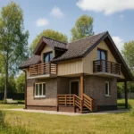 Проект дома «В-78» из СИП-панелей, 78 м² — двухэтажный дом с коричневым фасадом, черной крышей и балконом | HotWell.KZ