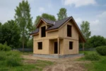 Дом «В-78», 78 м², 1.5 этажа, в черновой отделке: коробка из СИП-панелей OSB-3, двускатная кровля из металлочерепицы, проёмы без окон и дверей, в проёмах видны сосновые балки перекрытия