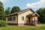 Проект дома «В-82» из СИП-панелей, 82 м² — одноэтажный дом с бежевым фасадом, серой крышей и крытым крыльцом | HotWell.KZ