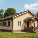 Проект дома «В-82» из СИП-панелей, 82 м² — одноэтажный дом с бежевым фасадом, серой крышей и крытым крыльцом | HotWell.KZ