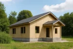 Дом «В-82», 82 м², 1 этаж, в черновой отделке: коробка из СИП-панелей OSB-3, двускатная кровля из металлочерепицы, проёмы без окон и дверей