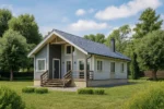 Проект дома «В-85» из СИП-панелей, 85 м² — одноэтажный дом с серым фасадом, синей крышей и крыльцом | HotWell.KZ