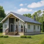 Проект дома «В-85» из СИП-панелей, 85 м² — одноэтажный дом с серым фасадом, синей крышей и крыльцом | HotWell.KZ