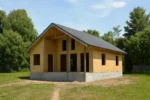 Дом «В-85», 85 м², 1.5 этаж, в черновой отделке: коробка из СИП-панелей OSB-3, двускатная кровля из металлочерепицы, проёмы без окон и дверей, в проёмах видны сосновые балки перекрытия