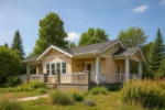 Проект дома «В-86» из СИП-панелей, 86 м² — одноэтажный дом с бежевым фасадом, серой крышей и террасой | HotWell.KZ