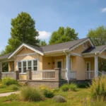 Проект дома «В-86» из СИП-панелей, 86 м² — одноэтажный дом с бежевым фасадом, серой крышей и террасой | HotWell.KZ