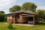 Проект дома «В-86Б» из СИП-панелей, 86 м² — одноэтажный дом с кирпичным фасадом, коричневой крышей и навесом для машины | HotWell.KZ
