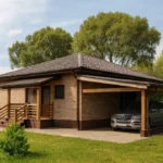 Проект дома «В-86Б» из СИП-панелей, 86 м² — одноэтажный дом с кирпичным фасадом, коричневой крышей и навесом для машины | HotWell.KZ