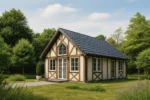 Проект дома «В-87» из СИП-панелей, 87 м² — одноэтажный дом с фахверковым фасадом и синей крышей | HotWell.KZ