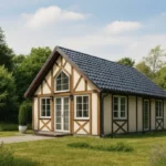 Проект дома «В-87» из СИП-панелей, 87 м² — одноэтажный дом с фахверковым фасадом и синей крышей | HotWell.KZ