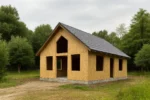 Дом «В-87», 87 м², 1.5 этажа, в черновой отделке: коробка из СИП-панелей OSB-3, двускатная кровля из металлочерепицы, проёмы без окон и дверей, в проёмах видны сосновые балки перекрытия